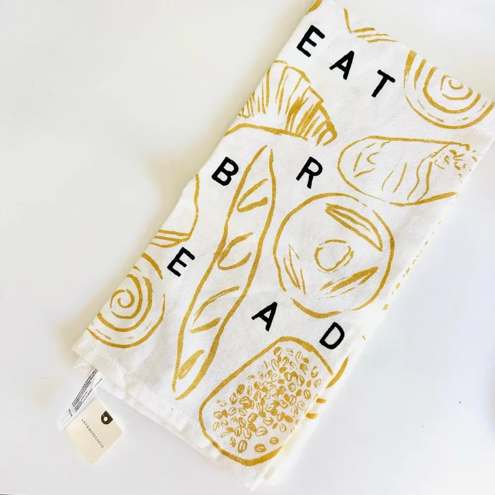 NEW ANTHROPOLOGIE White Tan Black Eat Bread $38 Pastry Kitchen Tea Towel Decor